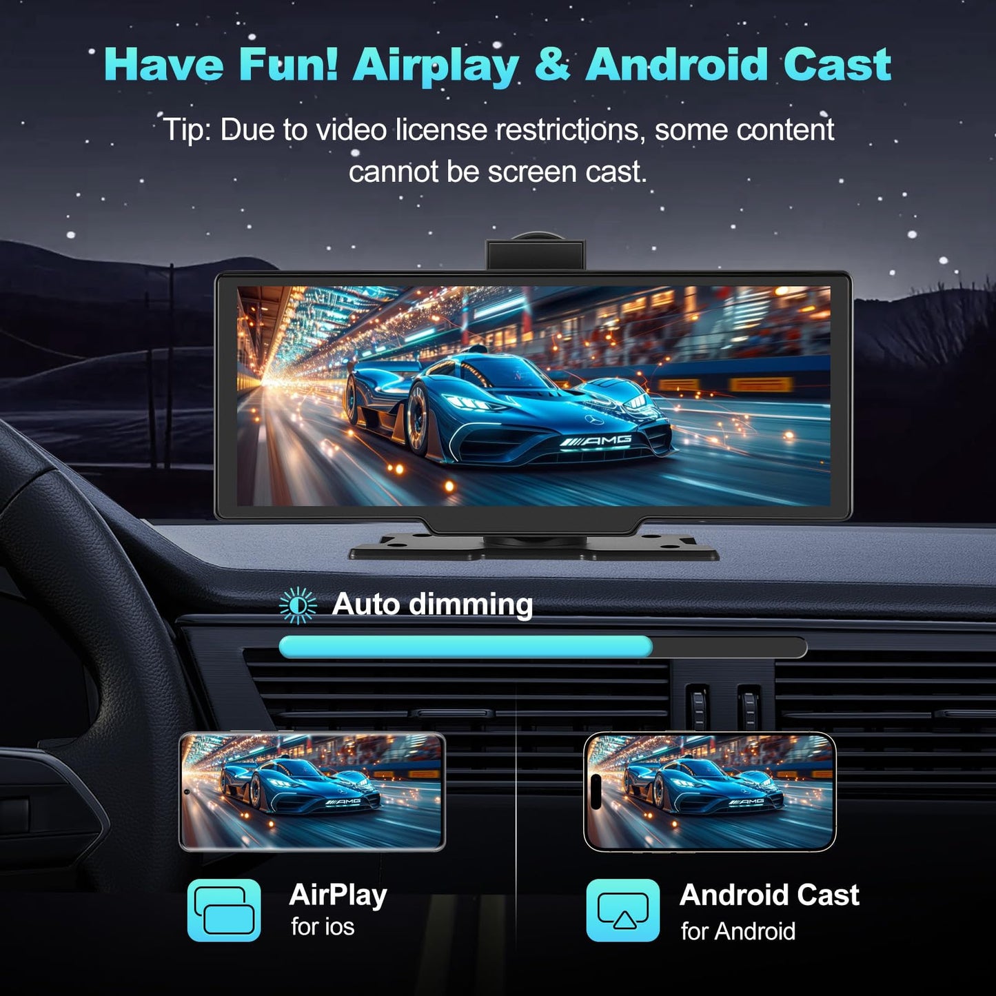 Portable Apple CarPlay Screen for Car, 10.26“ Wireless CarPlay & Android Auto Touch Screen Voice Control Navigation, 4K Dash Cam & 1080P Backup Camera DVR Recording Plug & Play for Car Truck