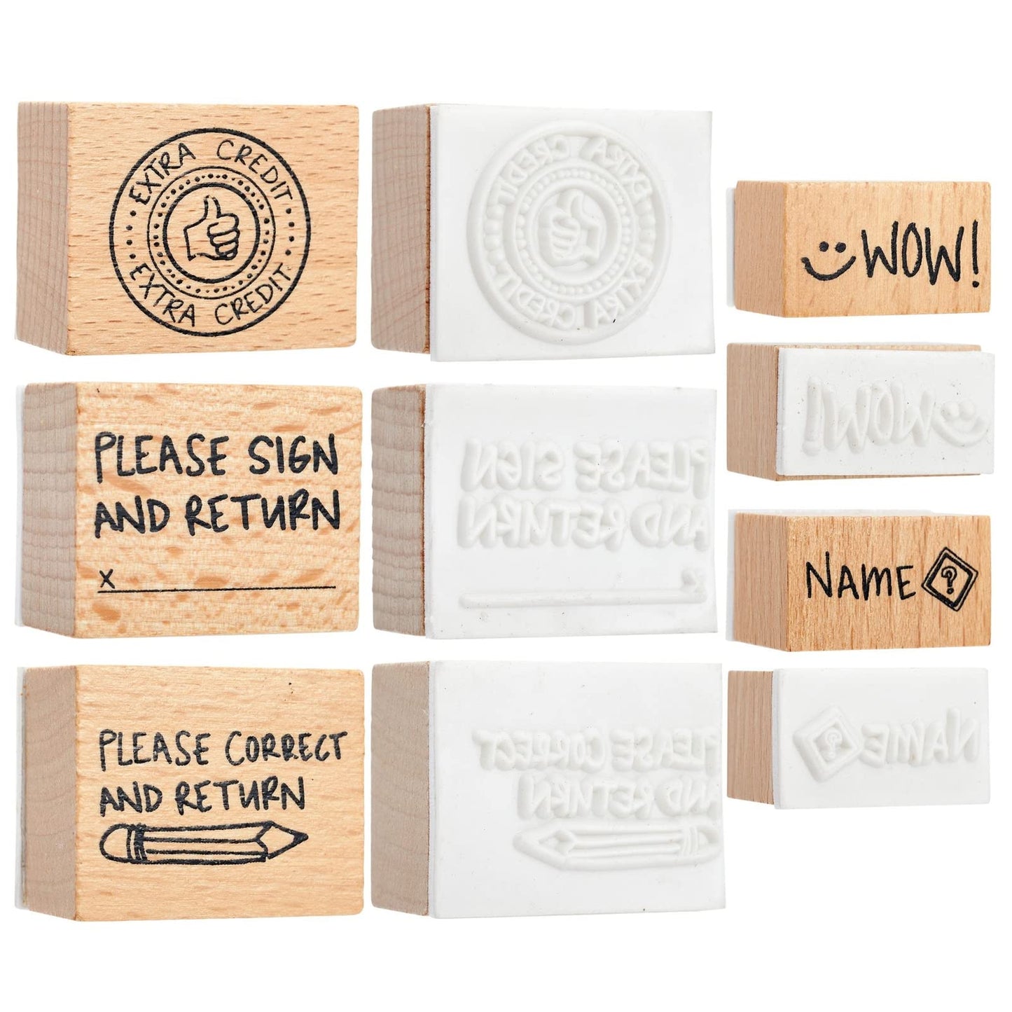 Blue Panda 9 Piece Set of Wooden Rubber Teacher Stamps - Classroom Supplies for Grading Homework and Teacher Supplies (Assorted Sizes Rubber Stamps)