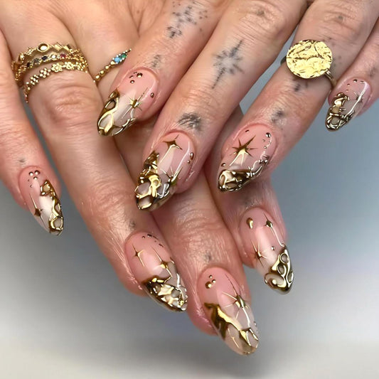 24Pcs Chrome Gold Press on Nails Short Almond French Tip Fake Nails 3D Gold Irregularity Line Designs False Nails Punk Star Stick on Nail Nude Glossy Full Cover Gilded Acrylic Glue on Nails for Women