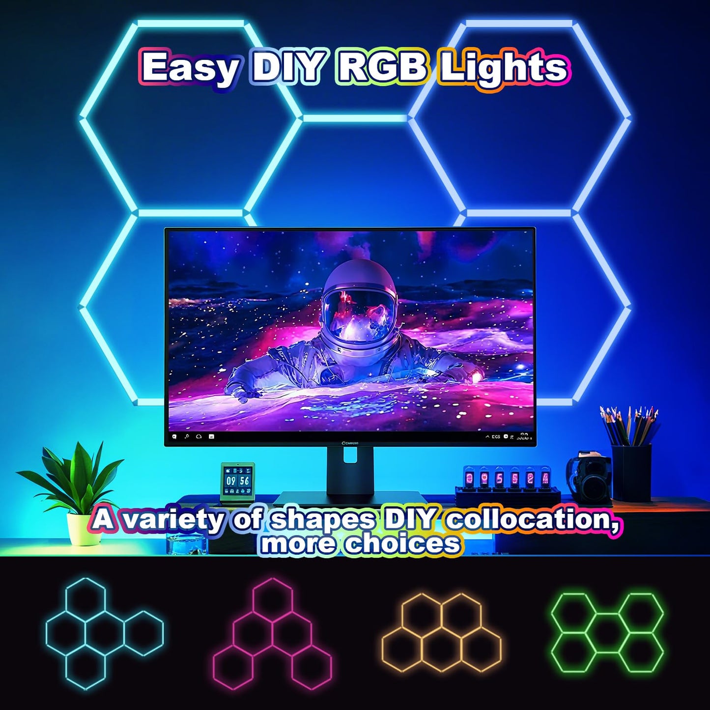 RGB Hexagon LED Light，Hexagon Garage Lights with Color Changing Modes, Dimmable Linkable Music Sync, Speed Adjustable Hex Lighting for Gaming Room, Bar, Club, Home Party, Music Studio, Gym (5 hex)