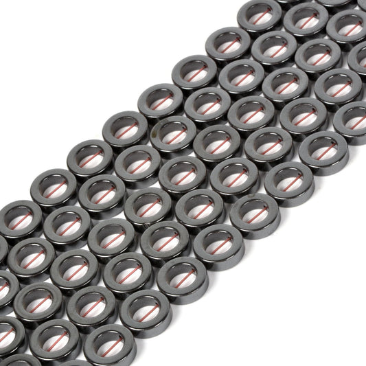 Natural 14mm Hematite Hollow Circle Flat Round Ring Shape Donut Beads Strand 16 Inch for Jewelry Making