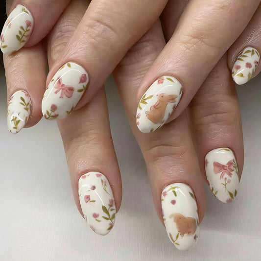 Easter Press on Nail Short Almond Shape Fake Nails with Cute Bunny Bow designs Flower False Nails White Stick on Nail Glossy Full Cover Acrylic Glue on Nails for Women Manicure24pcs