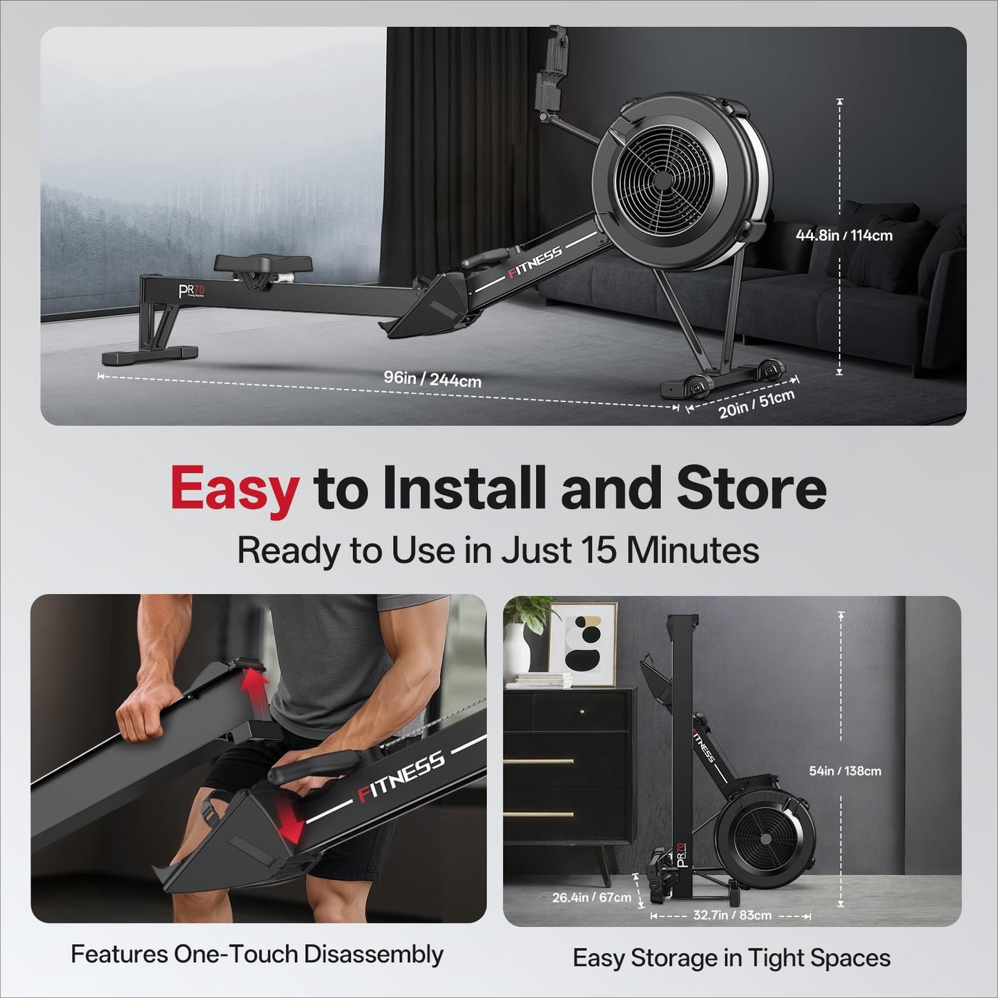 PASYOU Air Rowing Machine for Home,10-Level Resistance 350lb Load Rower Machine,Foldable Row Machines Commercial with 47in Rail and Bluetooth Backlit Monitor, Adjustable Tablet Holder PR70