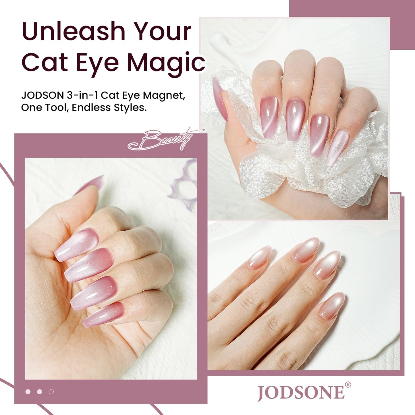 JODSONE 3-in-1 Cat Eye Magnet Nail Art Tool,Pink Gold Cylindrical & Round Ball Nail Magnet Pens, Multi-Effect Magnets for Cat Eye Gel Polish DIY at Home Salon(Magnet Only, No Gel Included)