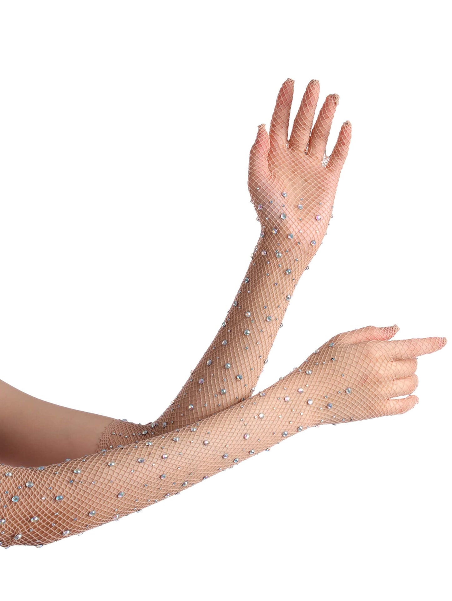 Women Rhinestone Fishnet Long Gloves Mesh Sparkly Glitter Fashion Opera Gloves For Party Halloween Costumes Accessories