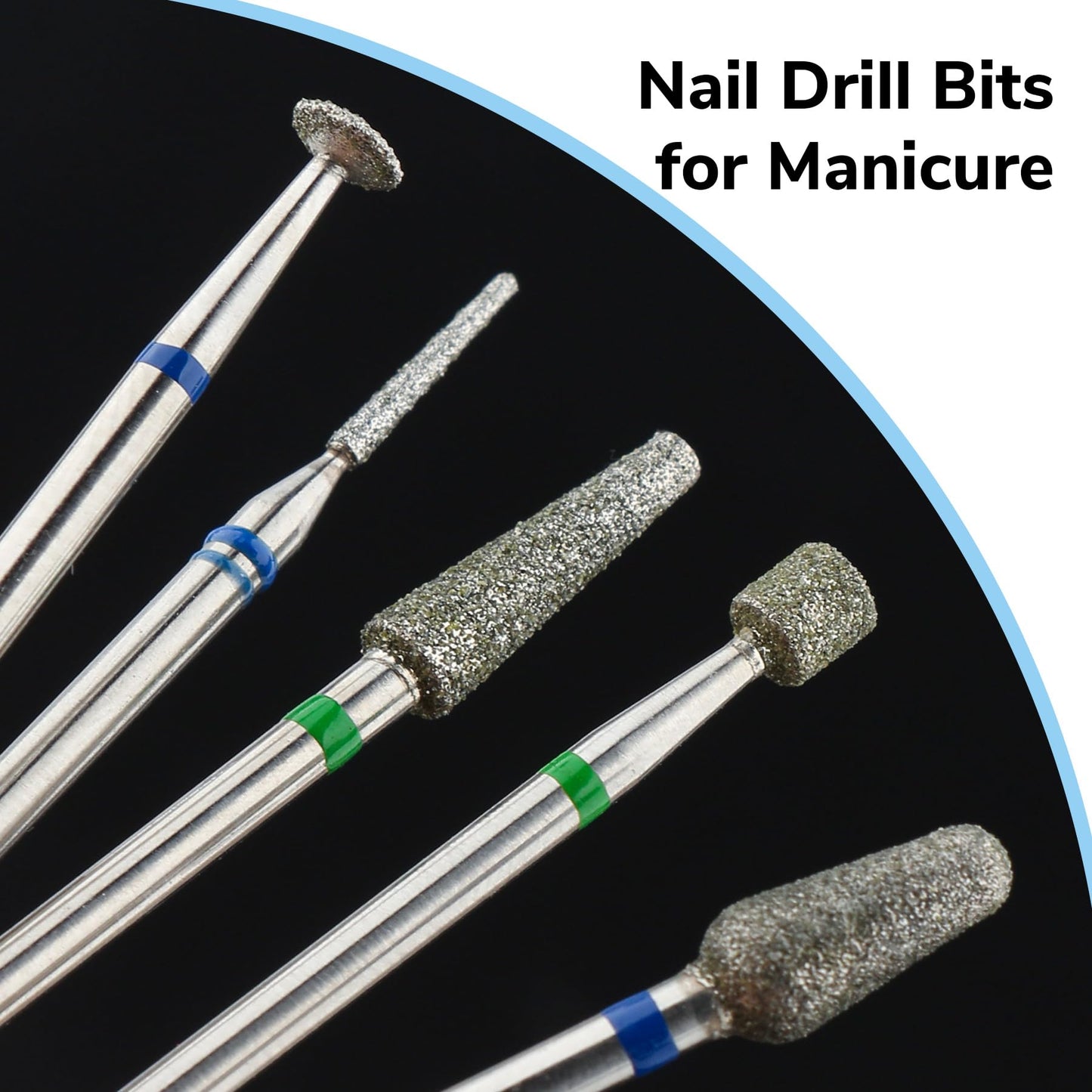 QUNZHAO 5Pcs Diamond Nail Drill Bits Sets Emery tool, 3/32'' Professional Drill Machine Accessories for Under Nail Dead Skin Cleaning(Green 02 set)
