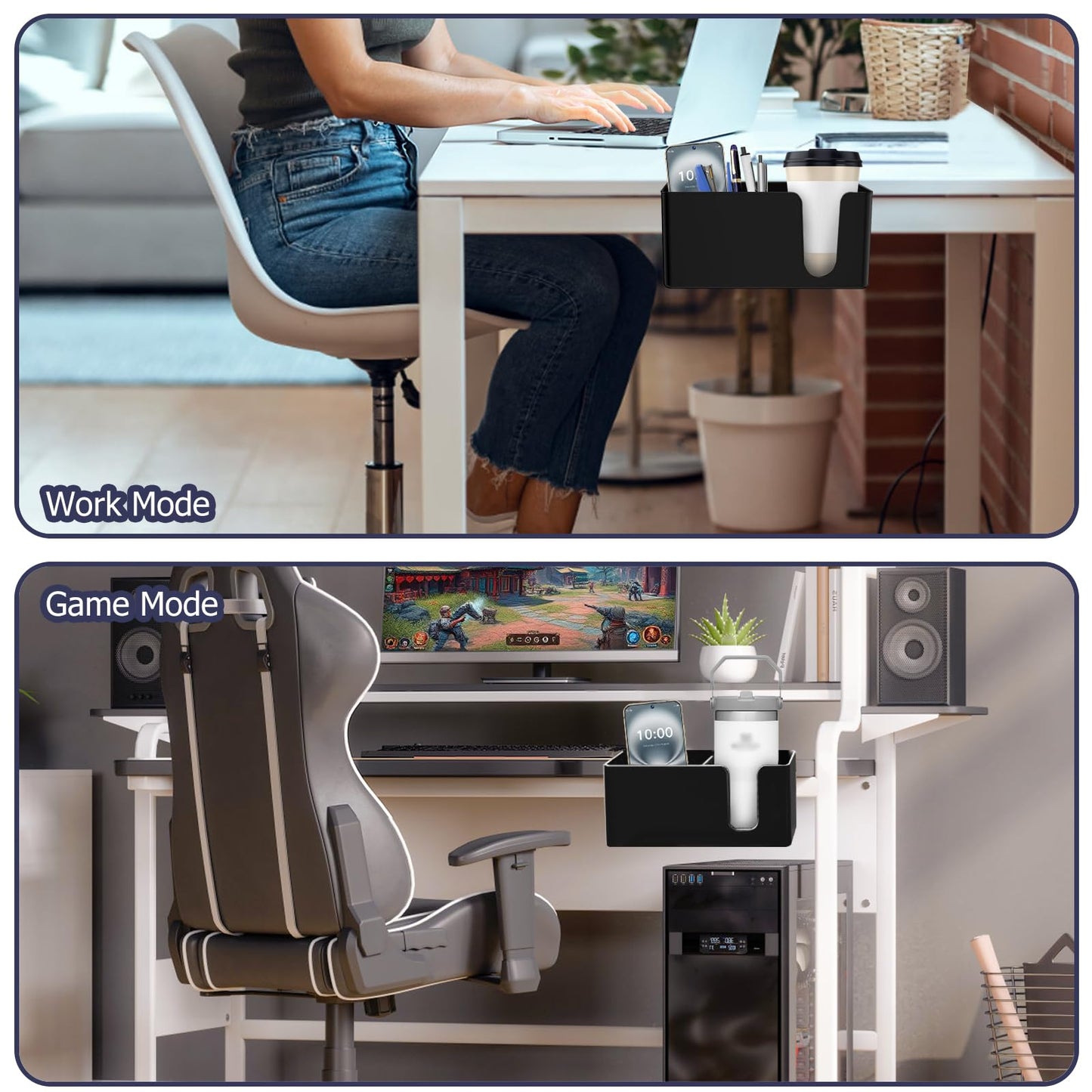 Yinqster 3-in-1 Clamp on Desk Organizer Cup Holder with Flexible Slots,Detachable Under Desk Storage for Cup, Phone & Pen,Computer Accessories and Office Supplies,Space Saving