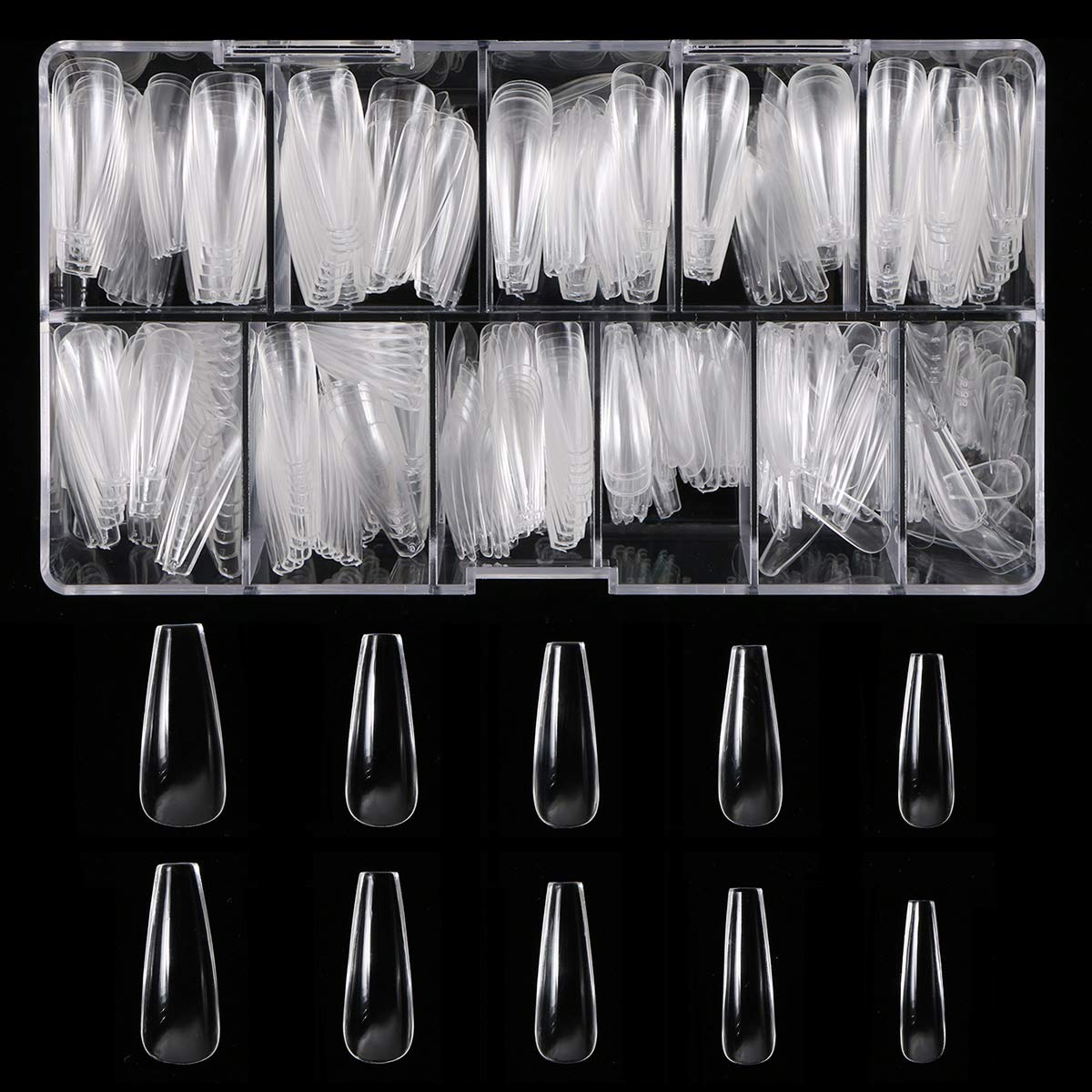 Ballerina False Nail Set - 500pcs Coffin Nails (Clear Full Cover) with Box, Glue, Fork, File & Acrylic Extension Kit