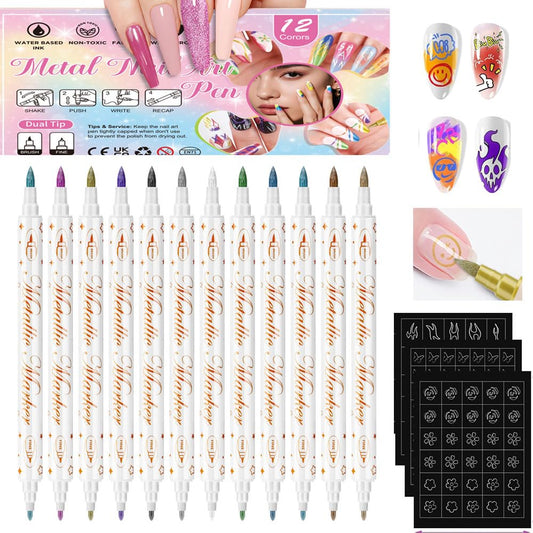 12 Colors Nail Art Pens Set with 3 Stencils, 2nd-Head Nail Art Markers Polish Pen for Drawing Painting Nail, Waterproof and Quick Dry Pen Liner Brush for Nail Beauty Gift for Christmas Easter Basket