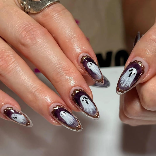 Halloween Press on Nails Medium Almond Cute Picture Frame Ghost Pattern Design Halloween Nail Full Cover Glossy Artificial Acrylic False Nail French Tip Festival Stick on Nails for Women DIY Supplies