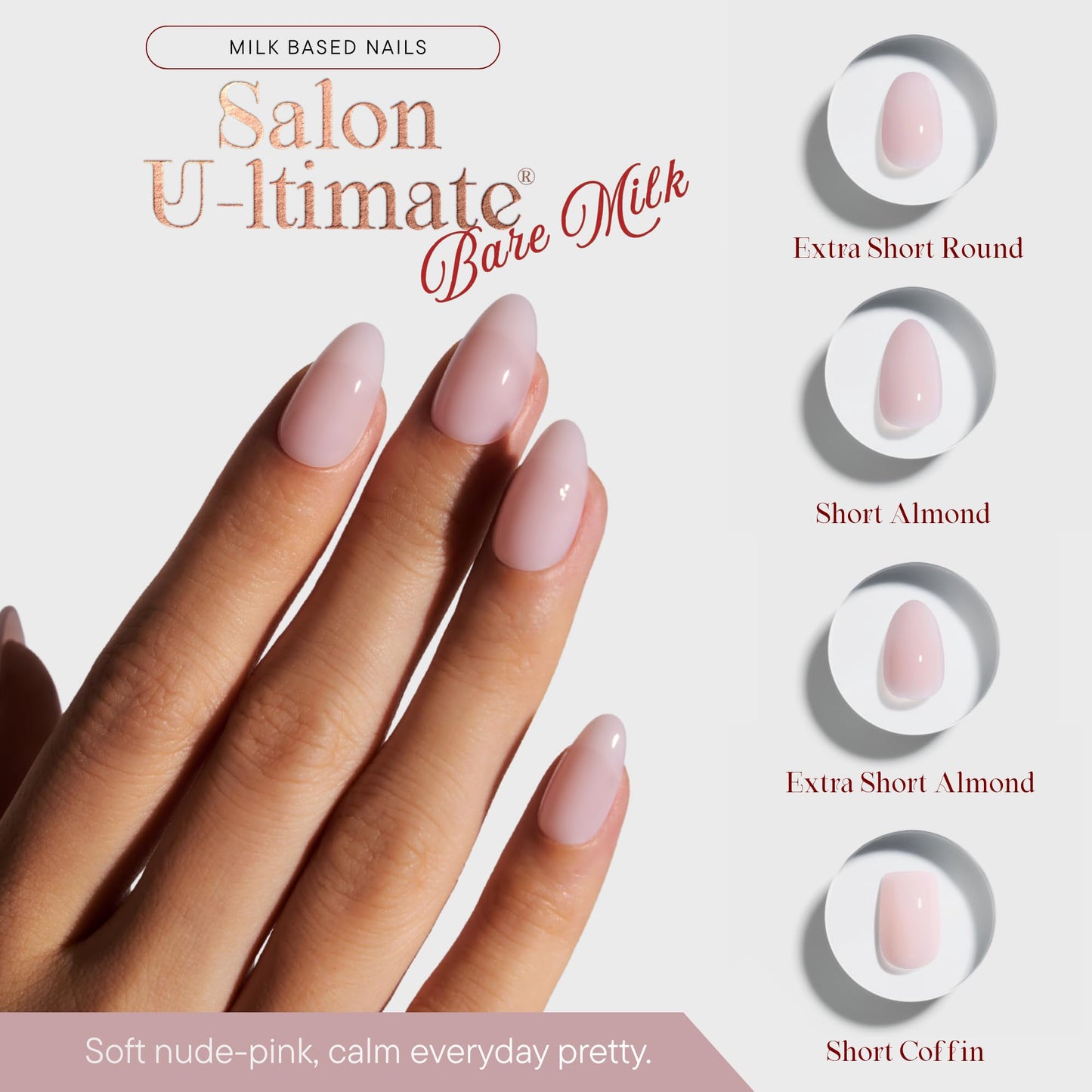 Celebritips Press On Nails - Salon U-ltimate™ | Bare Milk, Short Almond Nails, Reusable | 16 sizes - 32 Nails Kit with Glue and Sticky Tabs