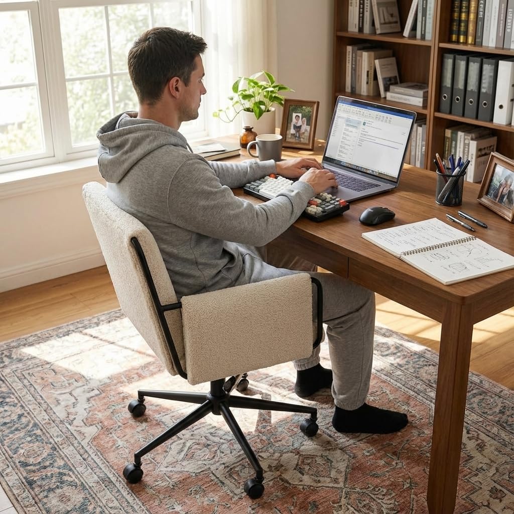 YOUNIKE Wide Seat Home Office Chair, Modern Desk Chair with Comfy Back & Thick Cushion, Fabric, Metal Base, Height Adjustable, Swivel Rolling Task Chair with Wheels for Study/Vanity/Bedroom, Beige