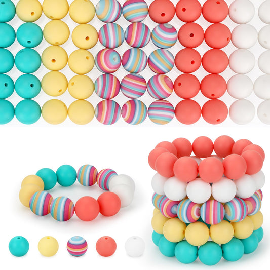 SALUOKE 100 Pcs 15mm Silicone Beads for Keychain Making, Pink Gream Silicone Beads Bulk Round for Bracelets Pens Crafts Jewelry Making (Rainbow)