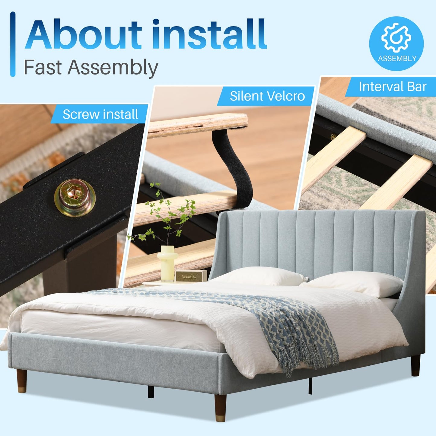 YUHUASHI Queen Size Bed Frame with Linen Fabric Twin Wingback Headboard, Upholstered Platform Bed with Wooden Slat Support, Noiseless, No Box Spring Required (Light Blue, Queen)