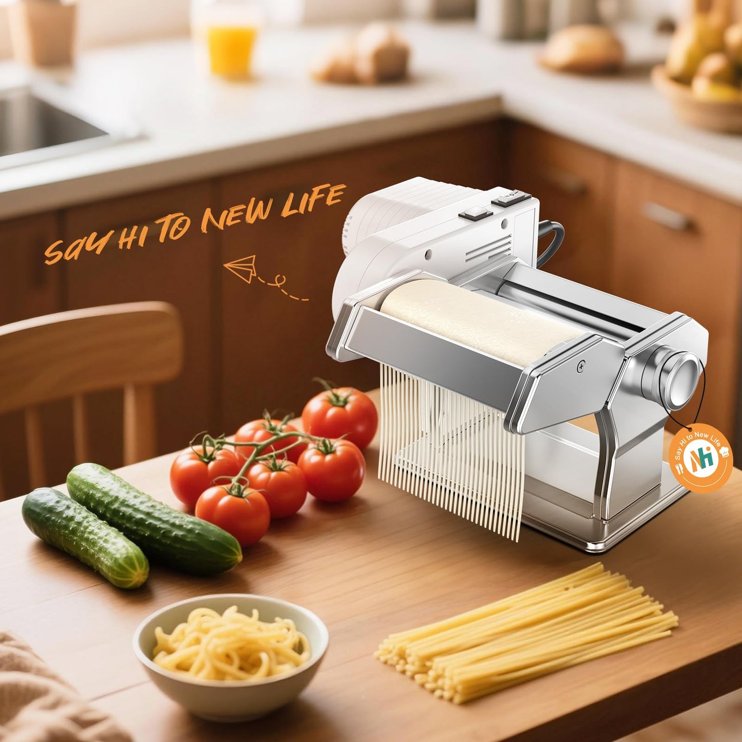Newhai Electric Pasta Maker QM-1 Ramen Noodle Machine Adjustable Thickness (0.2-0.5mm) Pasta Roller & Cutter 1.5mm Spaghetti 6mm Wide Noodle Manual & Motorized for Home Kitchen Use