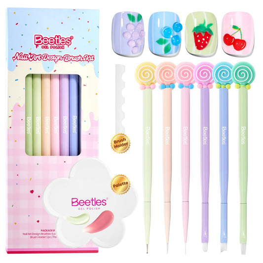 Beetles Spring Nail Art Brushes 6pcs – Sweet Swirl Nail Art Tools Liner Brushes for Nails Dotting Tool Gradient French Manicure Design Pen with Floral Palette, Brush Holder, DIY Gift for Women
