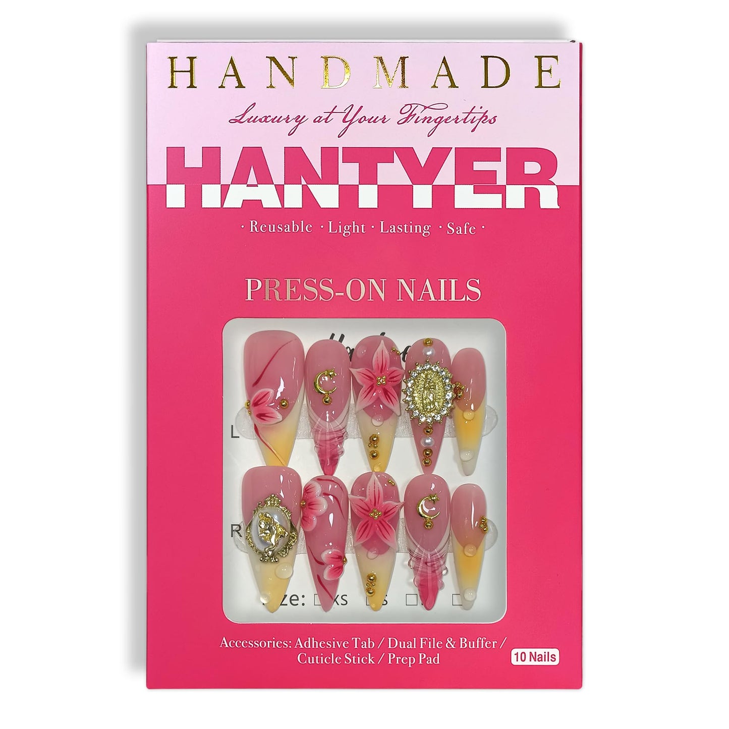 Hantyer Pink Ombre French Press on Nails with 3D Floral Carving, Gold Statue Charms, Long Stiletto Glossy Iced Baroque Fake Nails, Reusable Elegant False Nails for Women Wedding Ball Party (Size M)