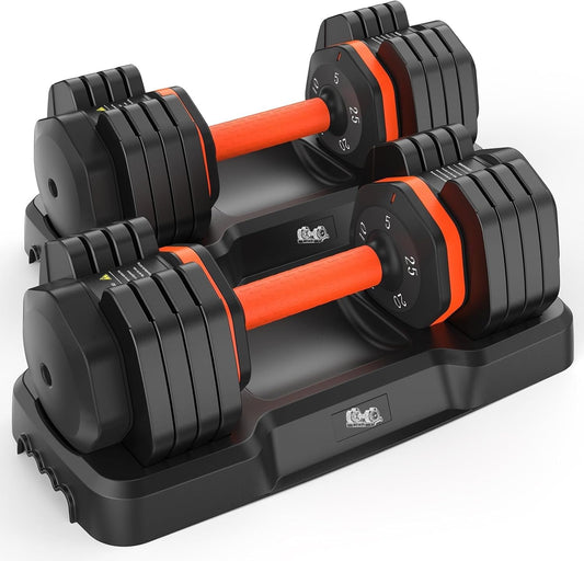 25LB Adjustable Dumbbell Set, Pair of Dumbbells Adjustable from 5LB to 25LB Each (Total 50LB), 15LB–55LB Options, Non-Slip Handle for Home Gym Strength Training