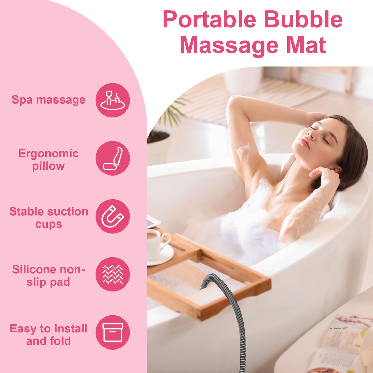 Bubble Bath Mat - Portable Spa Massager Mat for Bathtub with Remote Control, Inflatable Backrest & Non-Slip Suction Cup (44.9" x 16.9" Pink)