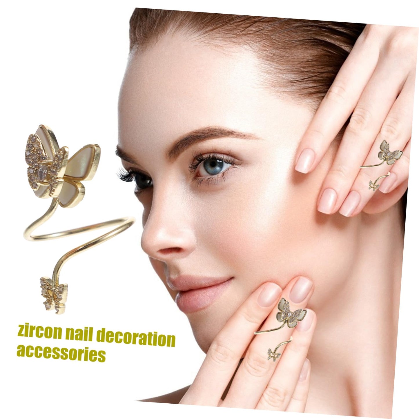 BESTYASH Butterfly Nail Ring for Women Gold Fingernail Jewelry with Pearl Shell Zirconia Accents Decorative Finger Accessory for Nail Art Wedding Prom Festivals