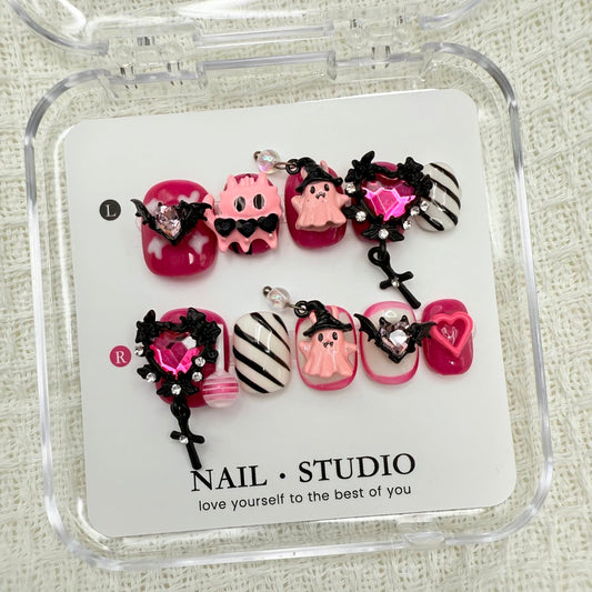 Halloween Press on Nails Short Fake Nail with Rhinestones Little Ghost Designs Colorful Full Cover Glue on Nails Love Heart Glossy Handmade Press on Nail Acrylic False Nails for Women Girls (Size M)