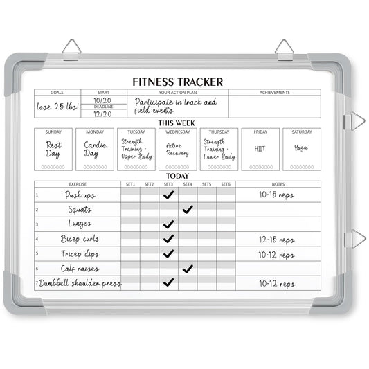 Lincia 16 x 12 Inch Fitness Tracker Whiteboard Workout Calendar for Home Gym Dry Erase Planner Hanging Removable to Do List for Wall Whiteboard with Aluminum Frame for Gym Program(Style A)