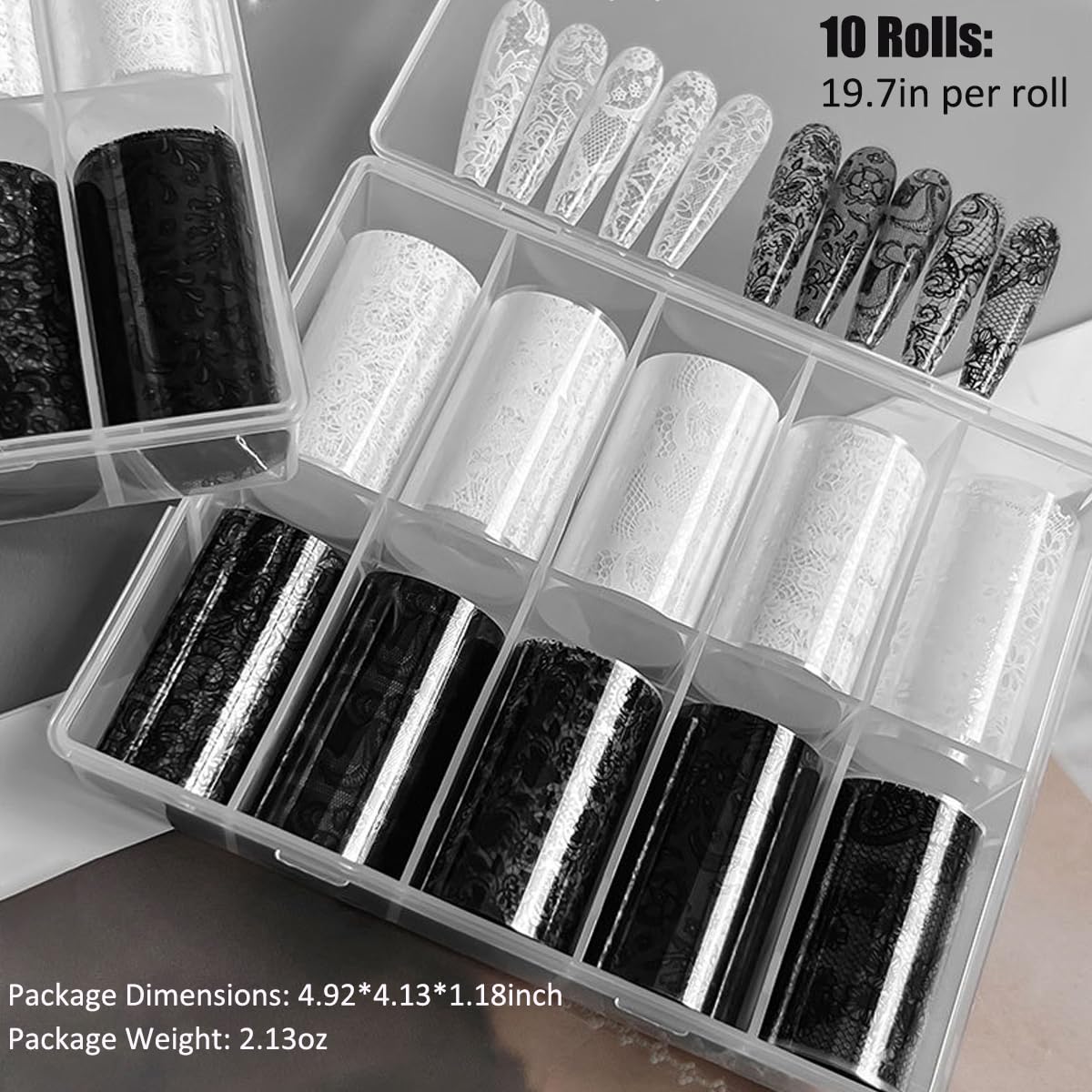 Black White Lace Nail Foil 10 Rolls Flower Nail Transfer Foil for Long Short Acrylic Nails Holographic Nail Art Stickers DIY Manicure Decoration Design Stickers Decals for Women