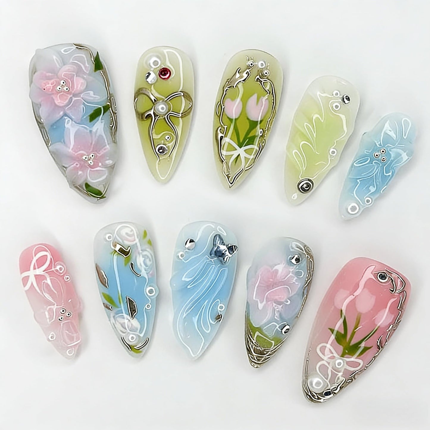 30Pcs Spring Summer Press on Nails Medium Almond Fake Nails 3D Flower False Nails with Butterfly Pearl Nails Designs Cute Floral Silver Bow Acrylic Nails Green Leaves Floral Stick on Nails for Women