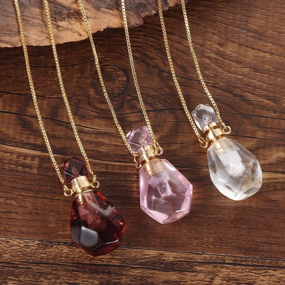 14K Yellow Gold Natural Stone Vial Necklace For Women - Glass Pendant Water Drop Jar Perfume Jewelry - Container For Liquid Oil Diffuser