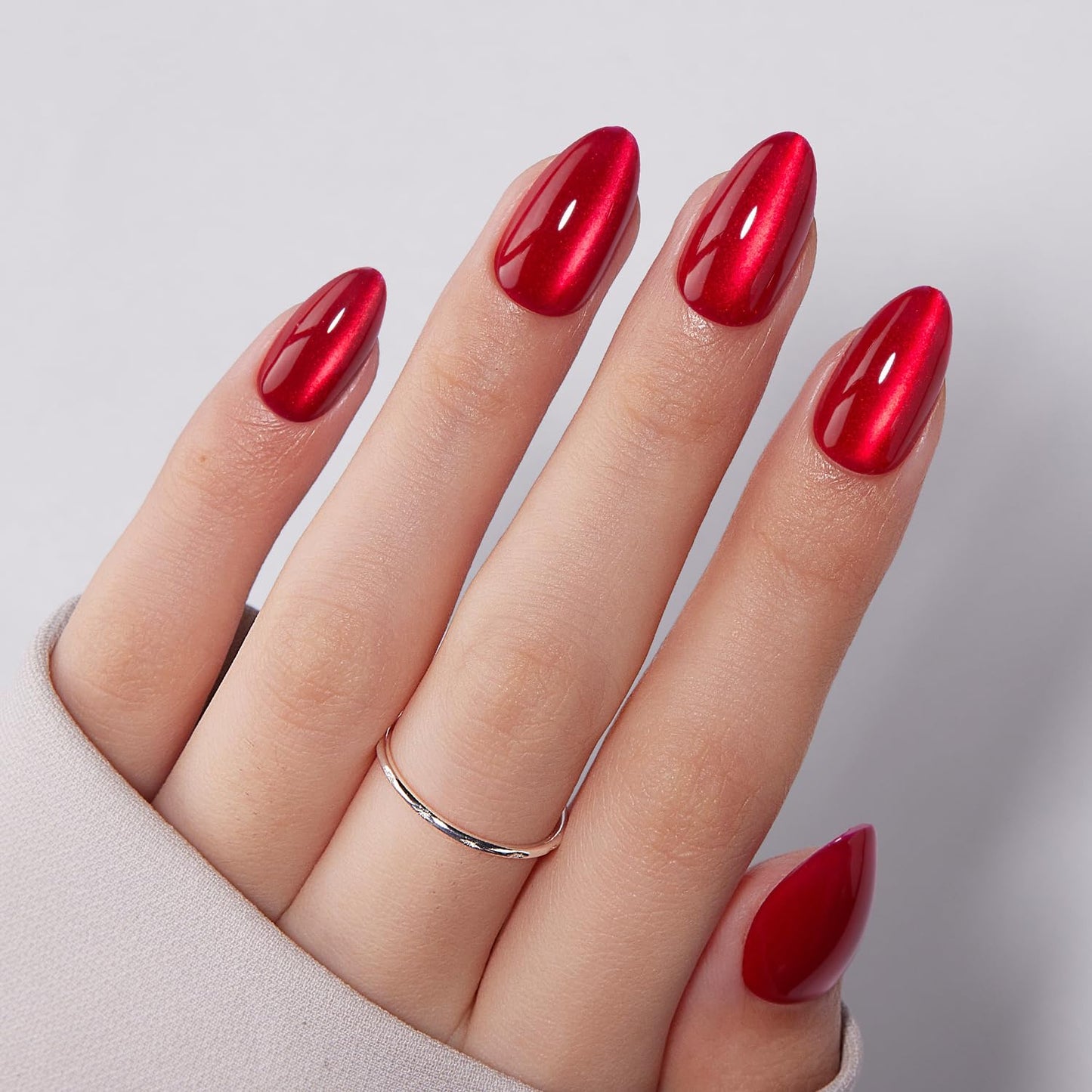 VSALON Short Almond Press on Nails - Red Cat Eye Glossy Fake Nails, Reusable Spring Summer Bright Red Opaque Salon Quality Gel Glue on Nails Kit with Cuticle Oil - 32 PCS Stick on Nails in 16 Sizes