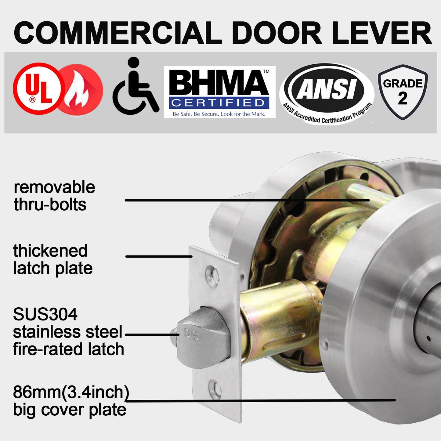 HISAFE Storeroom Door Handle Heavy Duty Grade 2 Commercial Door Locks, Non-Handed, UL 3 Hour Fire Rated, ADA Compliant, Satin Chrome Finish 26D, 2-3/4''Backset, X-XG-ST-70