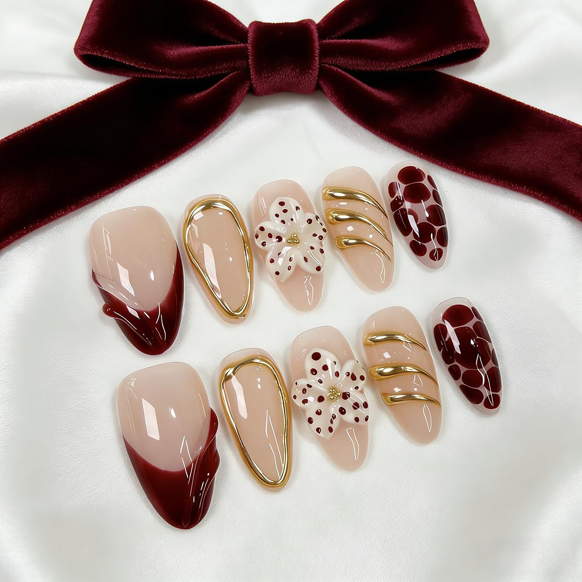 Handmade Press on Nails Almond Summer Nails Reusable 3D Flower Fake Nails French Tip Gold Accent Glue on Nails for Women 10 Count 10 Count M Size