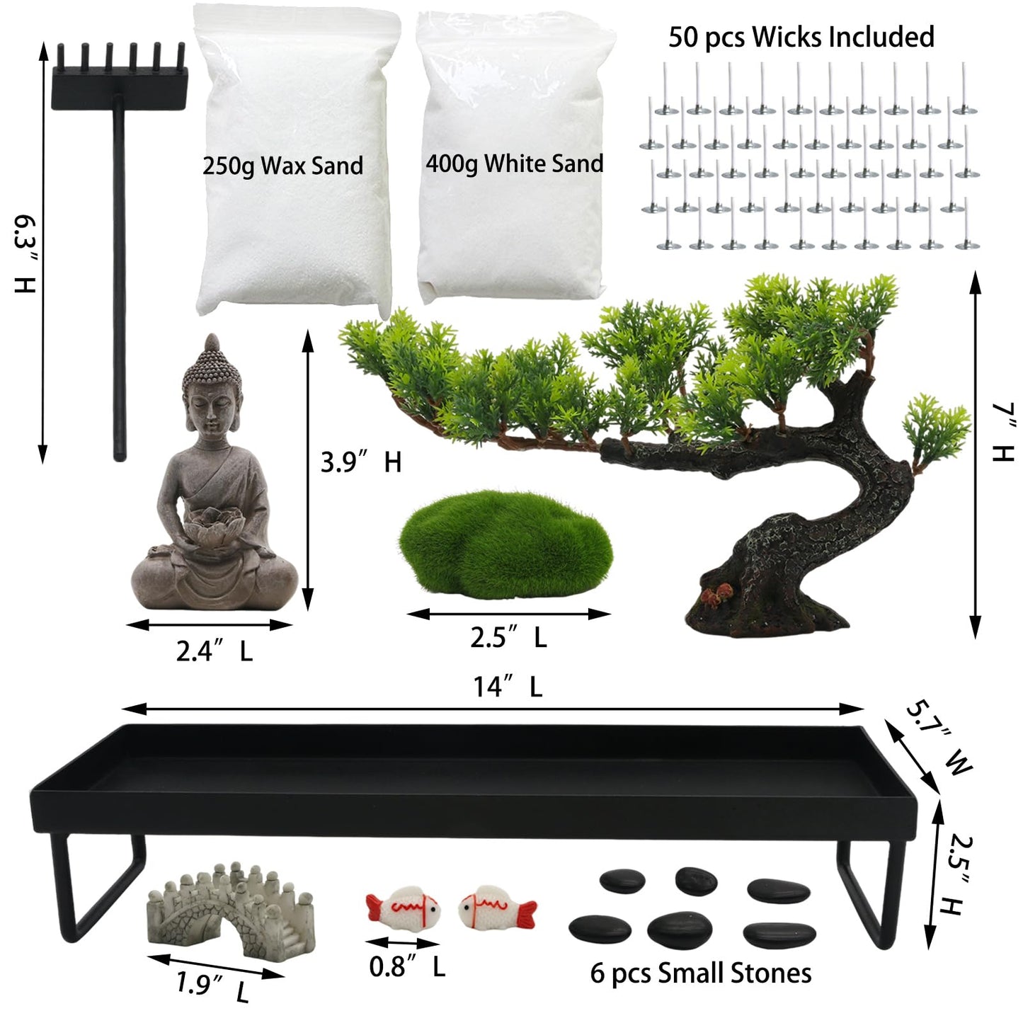 Zen Garden Kit for Desk - Pine Zen Dual Sand Garden(with 50pcs Wicks) Japanese Decor Zen Gift Set for Home, Office Desktop 11x8in Sand Tray Therapy Kit Zen Meditation Accessories