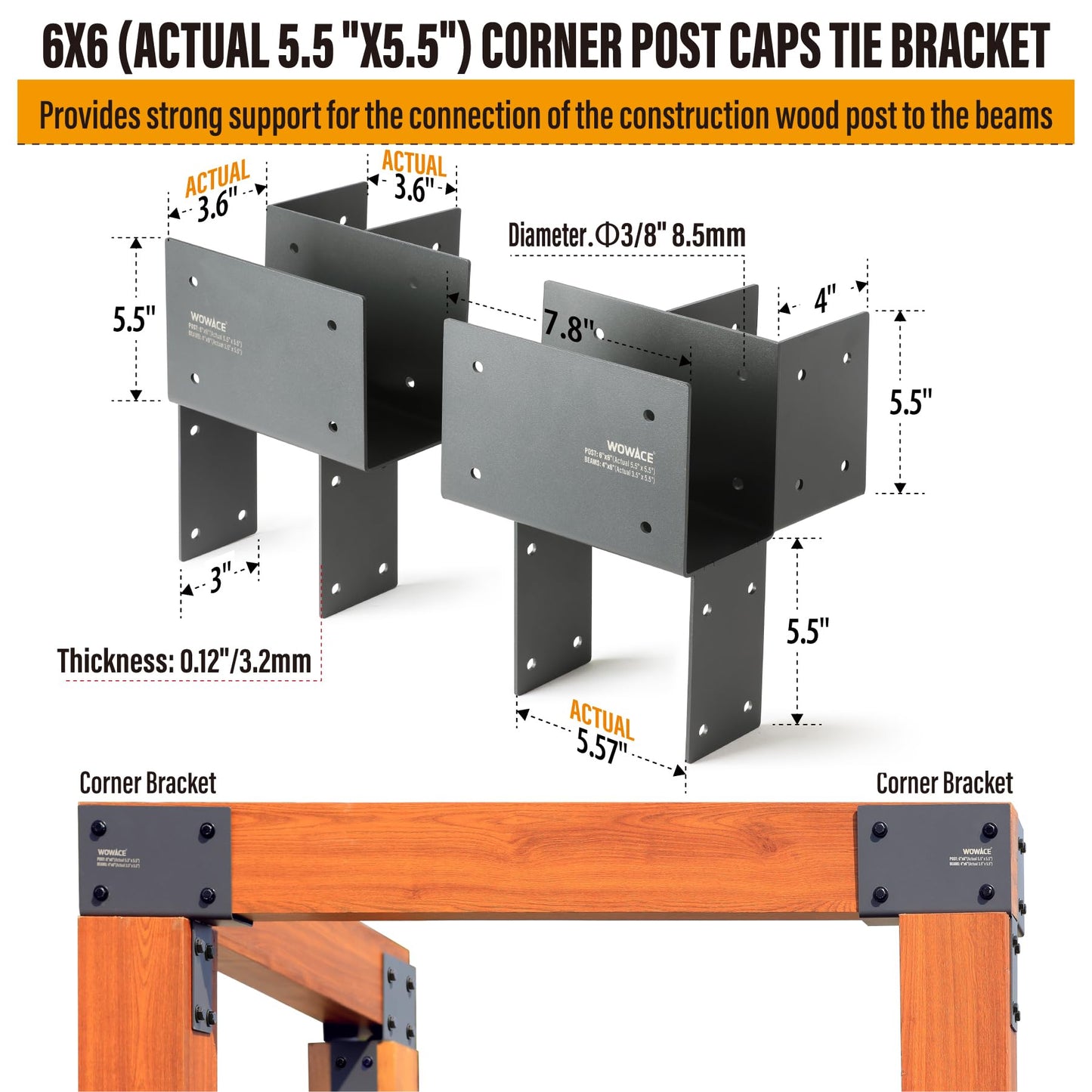 WOWACE 2 Pack 4x6 (Actual 3.5"x5.5") Heavy Duty Stainless Steel Pergola Brackets - Corner Post to Beam Connector for Gazebos, Patio Decks, Porches - Wood Post Cap Tie Bracket (Dark Gray)