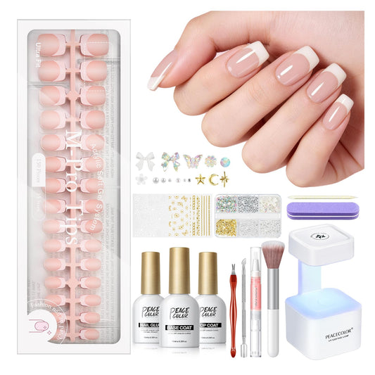 PEACECOLOR French Tip Press On Nails Kit - 150Pcs Short Square 5 Colors Nude Nail Tips Gel Nail Extension Kit with Nail Lamp Starter Kit Nail Glue Base & Top Coat Fake Nails Gift for Women Home DIY