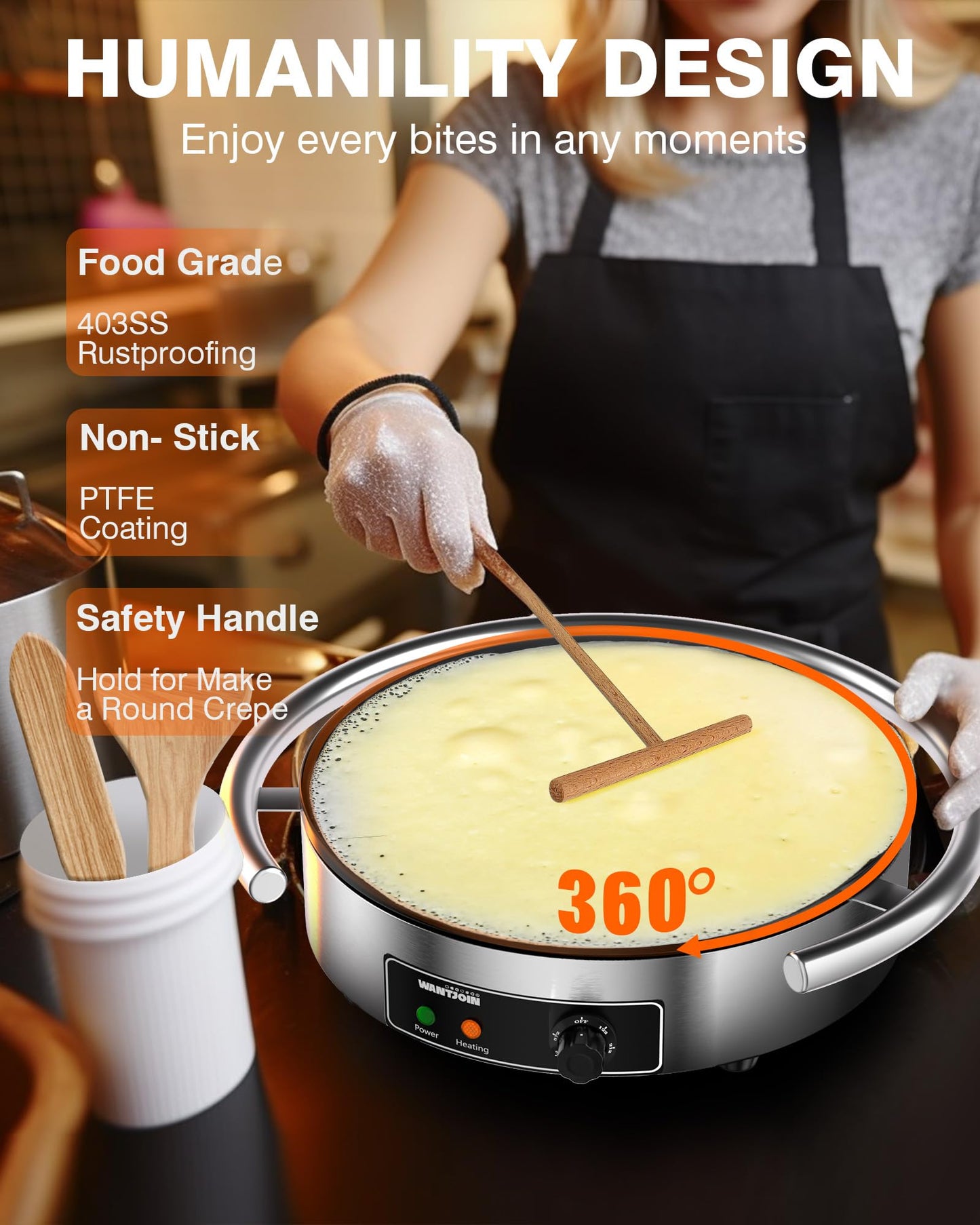 WantJoin Commercial Electric Crepe Maker 16 Inch 110V Non-Stick 1700W Electric Crepe Machine Adjustable Temperature Control 403 Stainless Steel Cooking Base 1700W