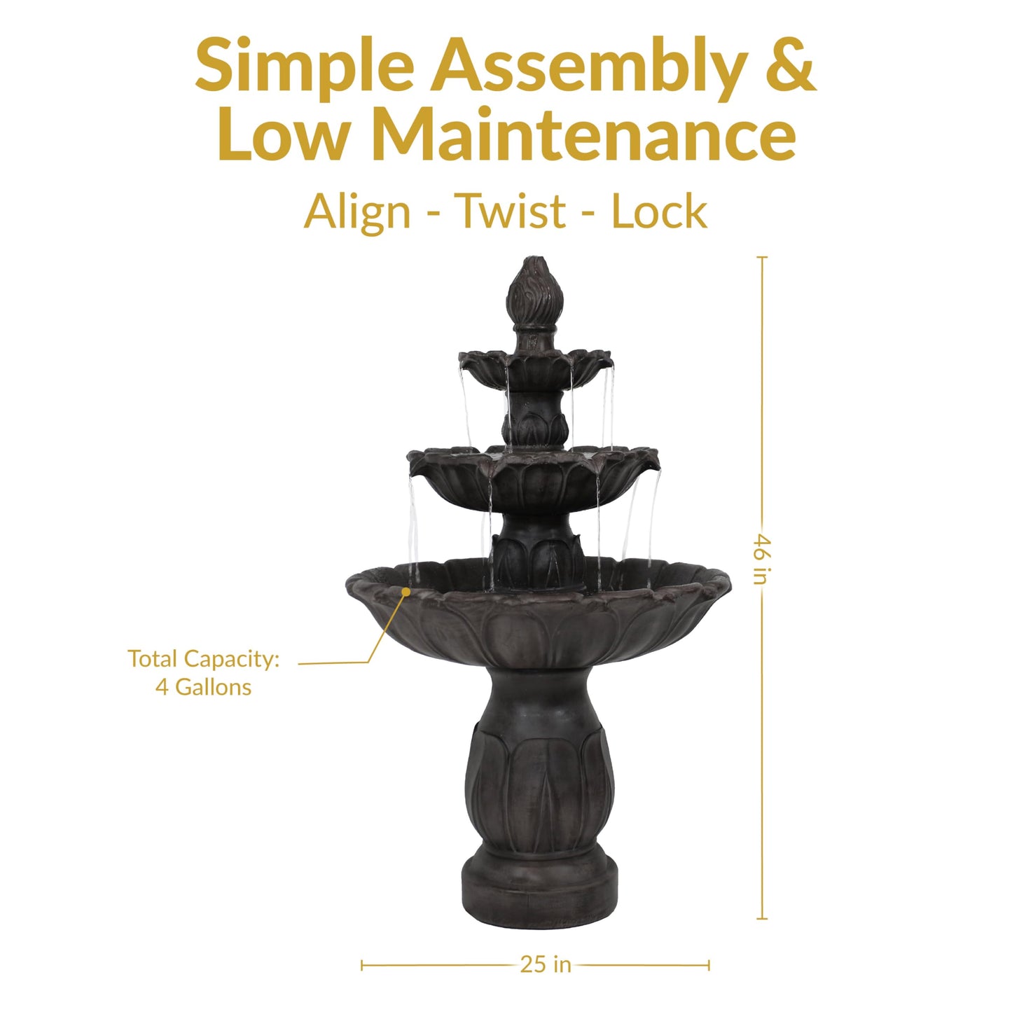 Sunnydaze Classic Tulip 46" Tiered Outdoor Water Fountain - 3-Tiered Outdoor Fountain for Garden, Patio, or Backyard - Dark Brown