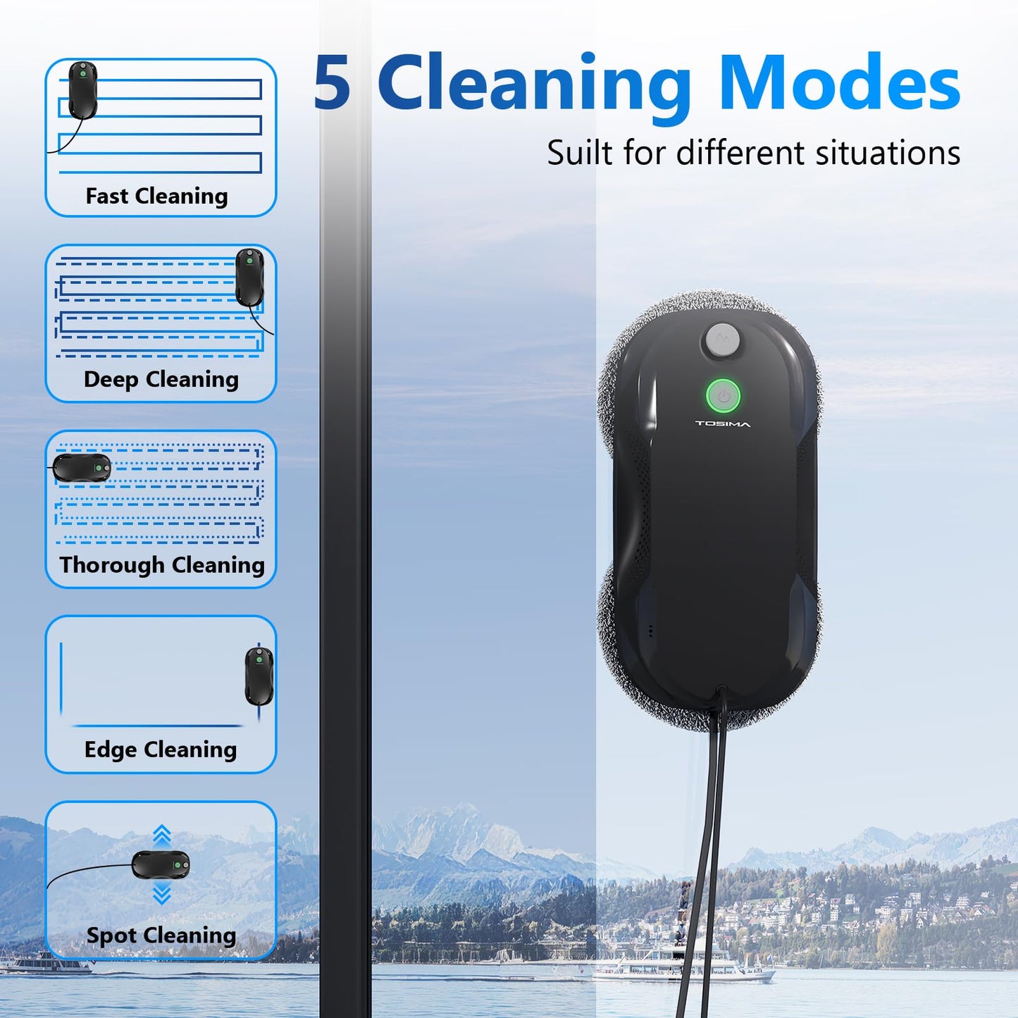 Tosima W5 Window Cleaning Robot, Dual Direction Auto-Spray Smart Window Cleaner with Triple Safety System, Smart Navigation, Remote Control, for All Smooth Surfaces, with 8 Rags, Black
