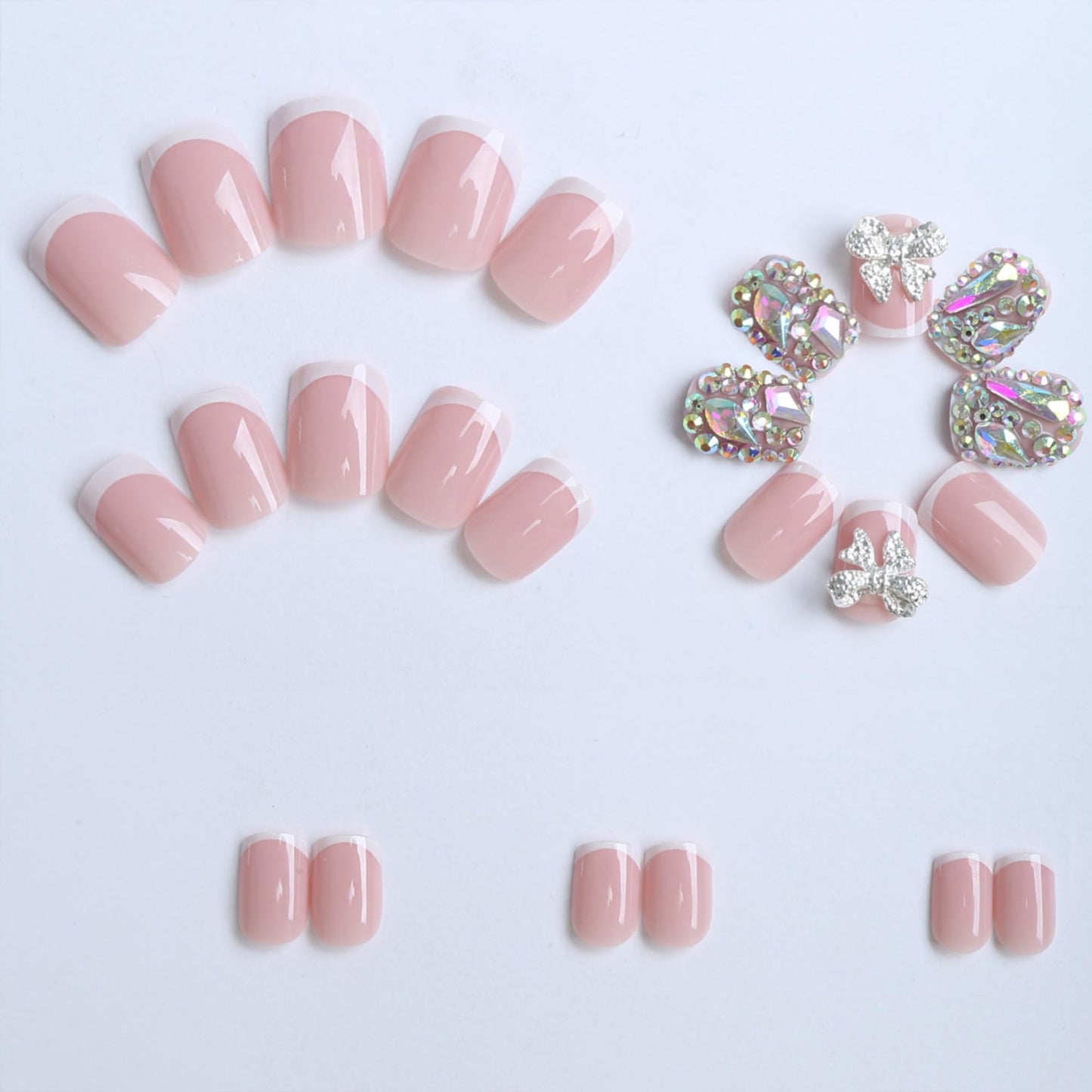 octoswave Press on Nails Short Square Fake Nails DIY3D Artificial Nail Bow Sparkly Rhinestones Charm Stick on Nail for Women 24pcs