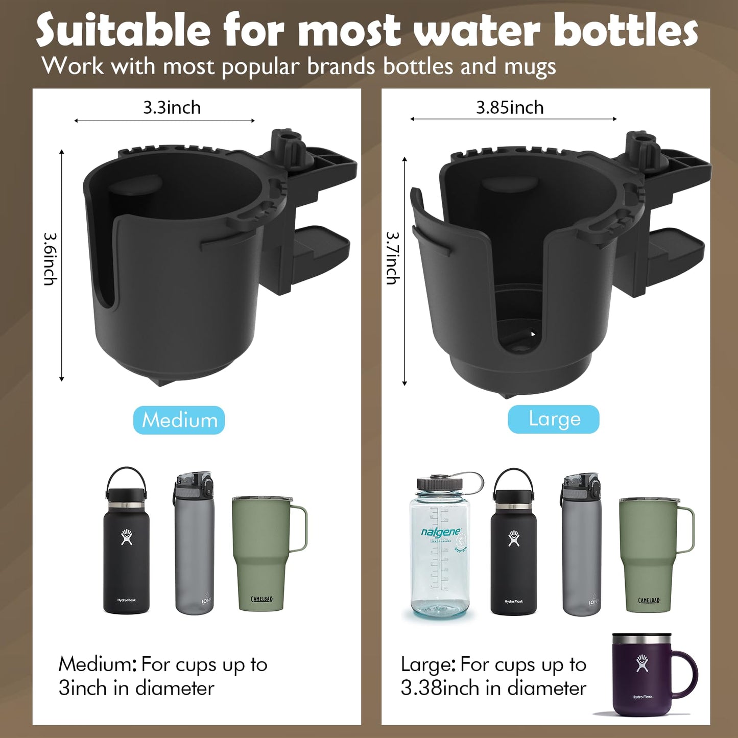 Desk Cup Holder with Spill-Proof Cup Design, Clip on Cup Holders for Desk, Table, Porch Swing, Patio Chair, Fits Maximum Diameter of 3/3.38 inches Bottles.(Black, Medium)