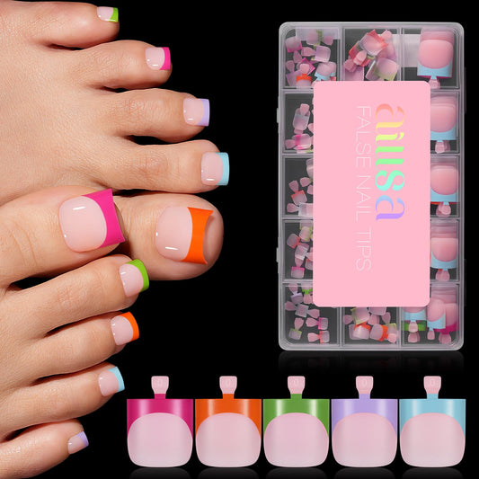AILLSA Toe Nail Tips, French Press On Toenails 5 Mixed Colors, 15 Sizes Short Square Pre-Designed Full Cover Fake Toenails, Baby Pink Acrylic Wearable DIY Nail Art for Women