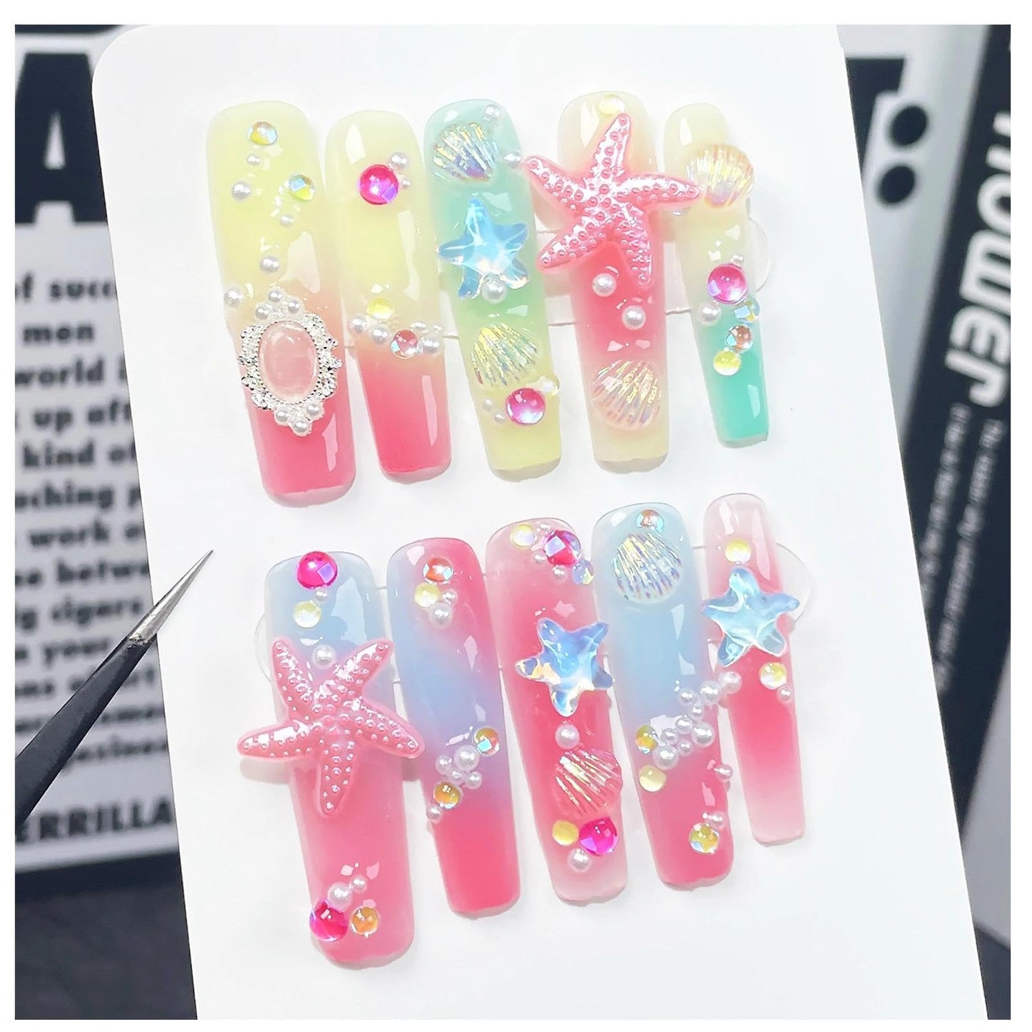 Handmade 3D Ocean Style Starfish Shell Stiletto Press On Nails, Sweet Element Gradient Artisan Nails Set, Reusable Glossy Press-ons with Tool Kit(S)