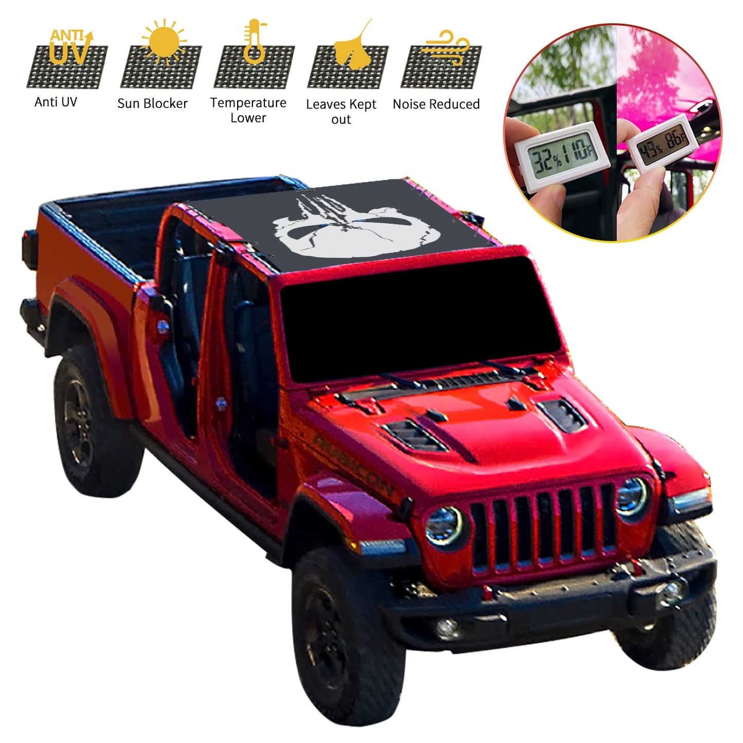 Shadeidea JT Sun Shade Top Compatible with Jeep Gladiator Top Sunshade - Mesh Screen Roof Cover (2018-2023), Wind Noise UV Blocker -10 Year Warranty - Punisher - Front&Rear