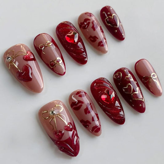 Press on Nails Medium Oval Artificial Acrylic Fake Nails French Red 3D Cherry Hollow Bow with Love Heart Rhinestones Stick on Nail Full Cover Reusable Coffin Artificial Fingernails for Women Manicure