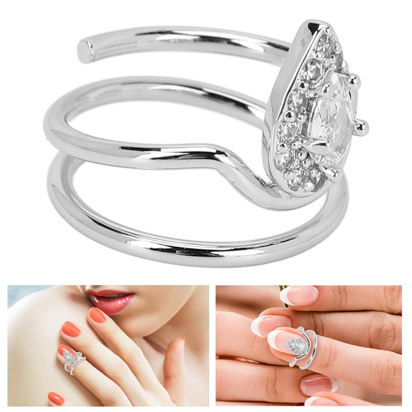 Rhinestone Nail Rings - Fingertip Jewelry for Nail Art Decoration - Valentine's Day Gift for Women (Platinum)