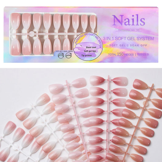 150Pcs Ombre Press on Nails Medium Almond Fake Nails Nude Pink Gradient Acrylic Nails Nature Gel Glue on Nails Ombre False Nail Tips Stick on Nail Manicure Kit for Women Girls 15 Sizes