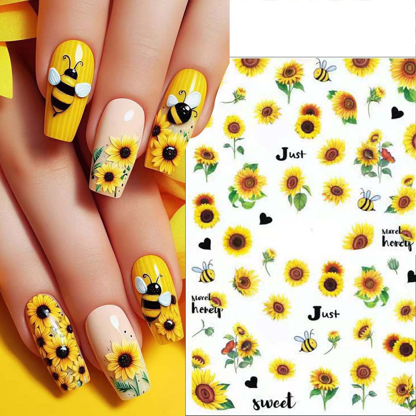 8Sheet Spring Summer Sunflower Nail Art Stickers Yellow Floral Nail Stickers 3D Self-Adhesive Letter Nail Decal, Yellow Flower Butterfly Bee Nail Designs for Women Manicure Decoration Nail Supplies