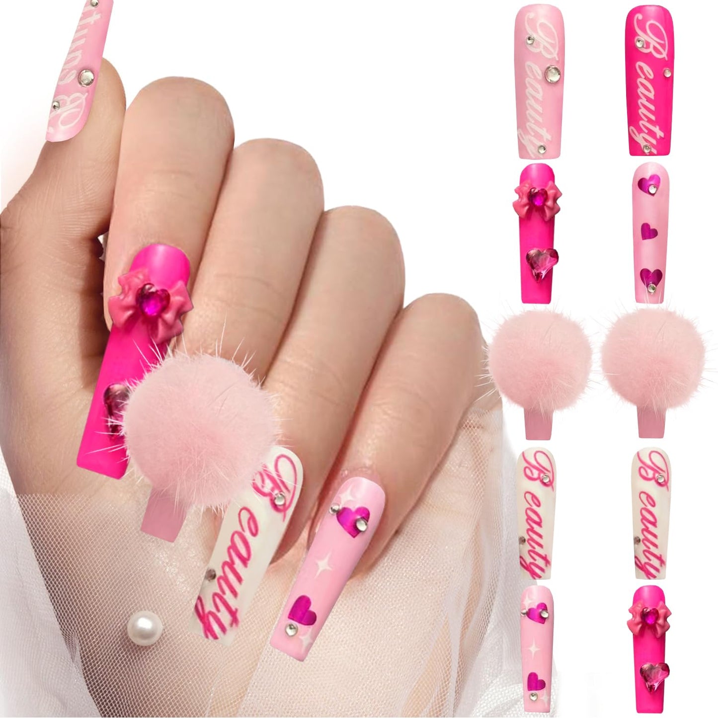 GREENTEA Faux Fur 3D Handmade Press On Nail Long,Nail Pink with Heart and Gem Accents, Colorful Baby with Storage packages 10 Pcs (Pink-M)