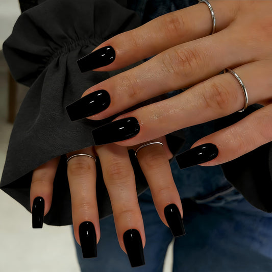 SXVME Press On Nails Long Square - Black Press on Nails with Glue for Women, Natural Simple Fake Nails Press ons Medium, Glossy Soft Gel Glue on Nails Coffin, Reusable Nail Stick Ons, 24 Pcs