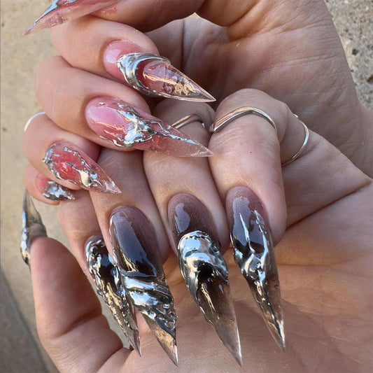 MISUD Press on Nails - Long Stiletto Glue on Nails with Goth Pink Black, Acrylic 3D Silver Chrome Design 24 pcs